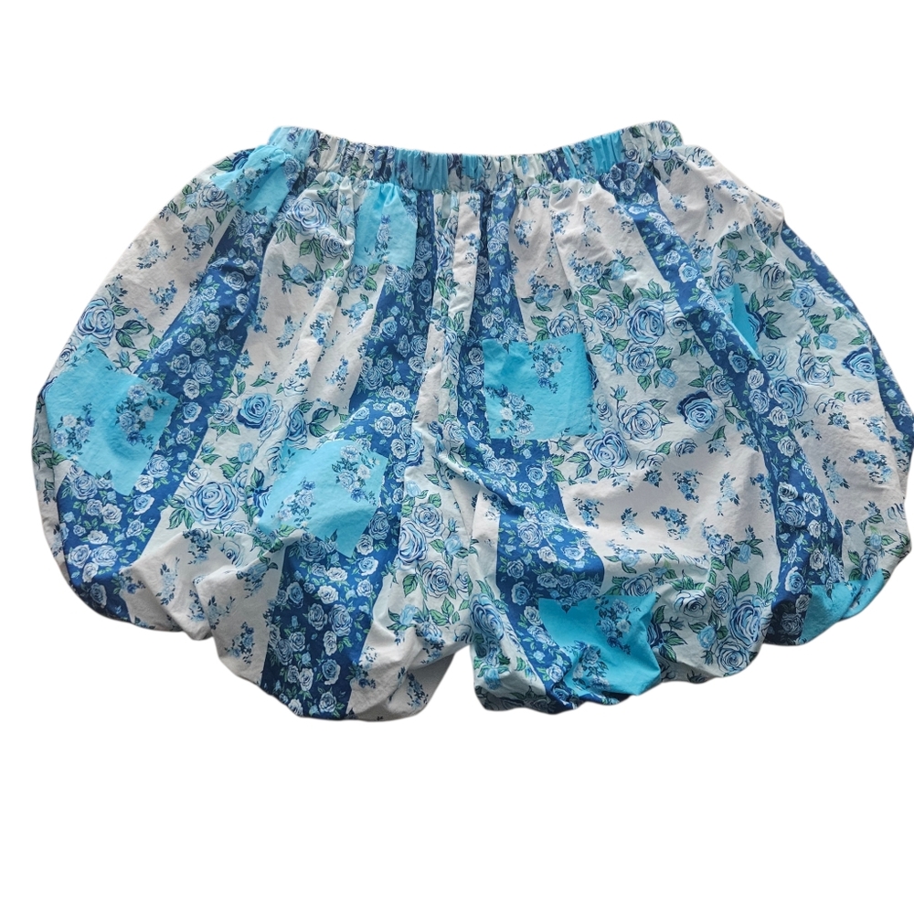 Blue and White Floral Patchwork Lined Bloomer Shorts Sz Small Cottage Festival